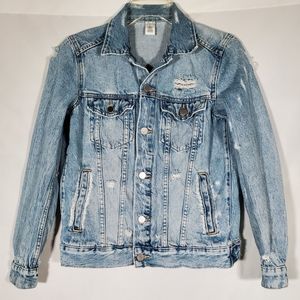 &DENIM DISTRESSED MEDIUM WASH DENIM JEAN JACKET CLASSIC